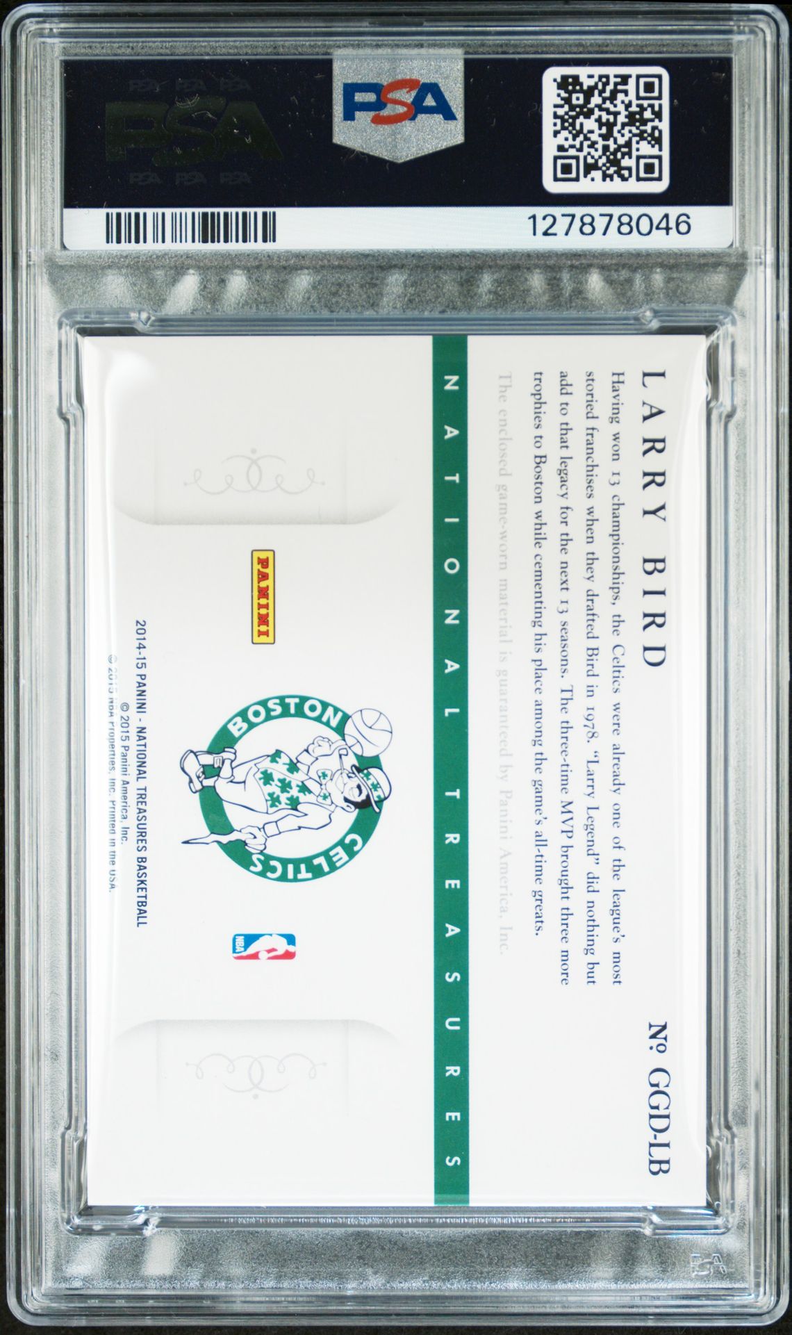 Larry Bird 2014 Panini National Treasures NBA Game Gear Duals Game Worn Signed Basketball Card #LB Graded PSA 8 Auto 10 8/99 Cert #127878046-Powers Sports Memorabilia