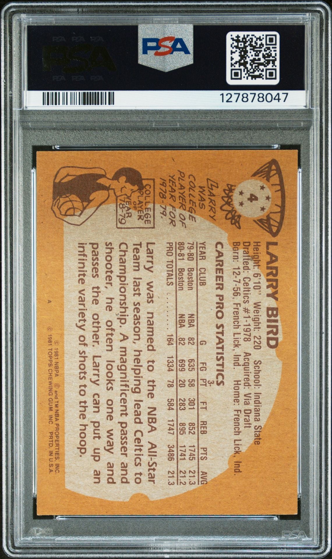 Larry Bird 1981 Topps Signed Basketball Card #4 Graded PSA 6 Auto 9 Cert #127878047-Powers Sports Memorabilia