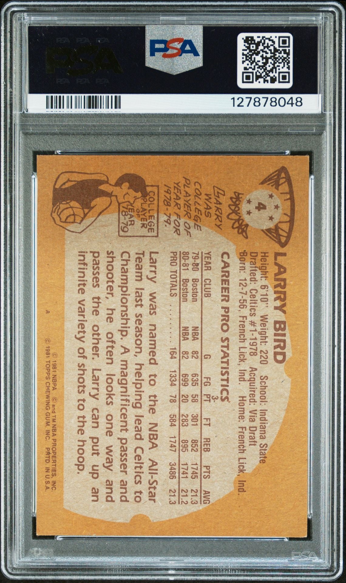 Larry Bird 1981 Topps Signed Basketball Card #4 Graded PSA 6 Auto 10 Cert #127878048-Powers Sports Memorabilia