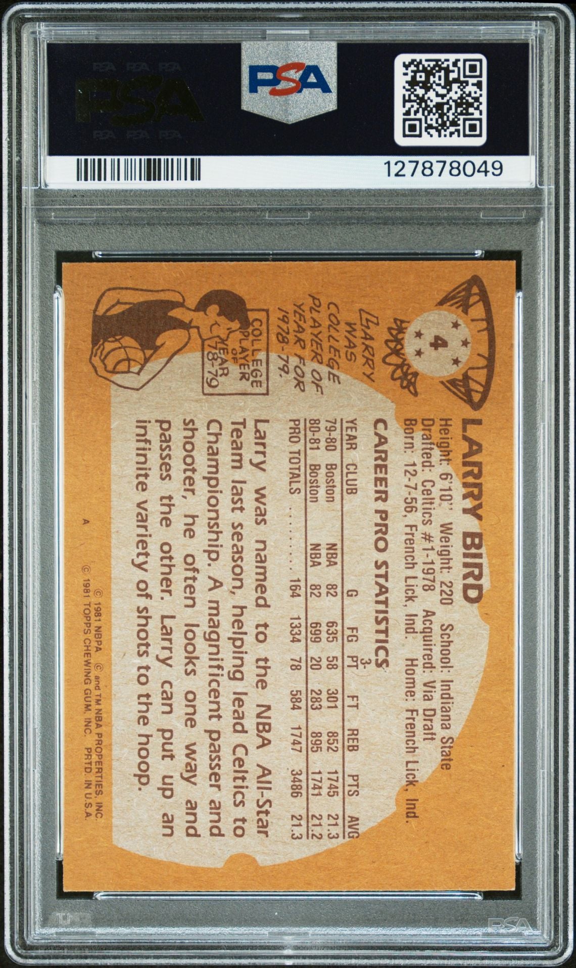 Larry Bird 1981 Topps Signed Basketball Card #4 Graded PSA 6 Auto 10 Cert #127878049-Powers Sports Memorabilia