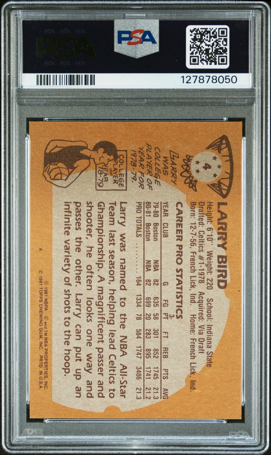 Larry Bird 1981 Topps Signed Basketball Card #4 Graded PSA 7 Auto 10 Cert #127878050-Powers Sports Memorabilia