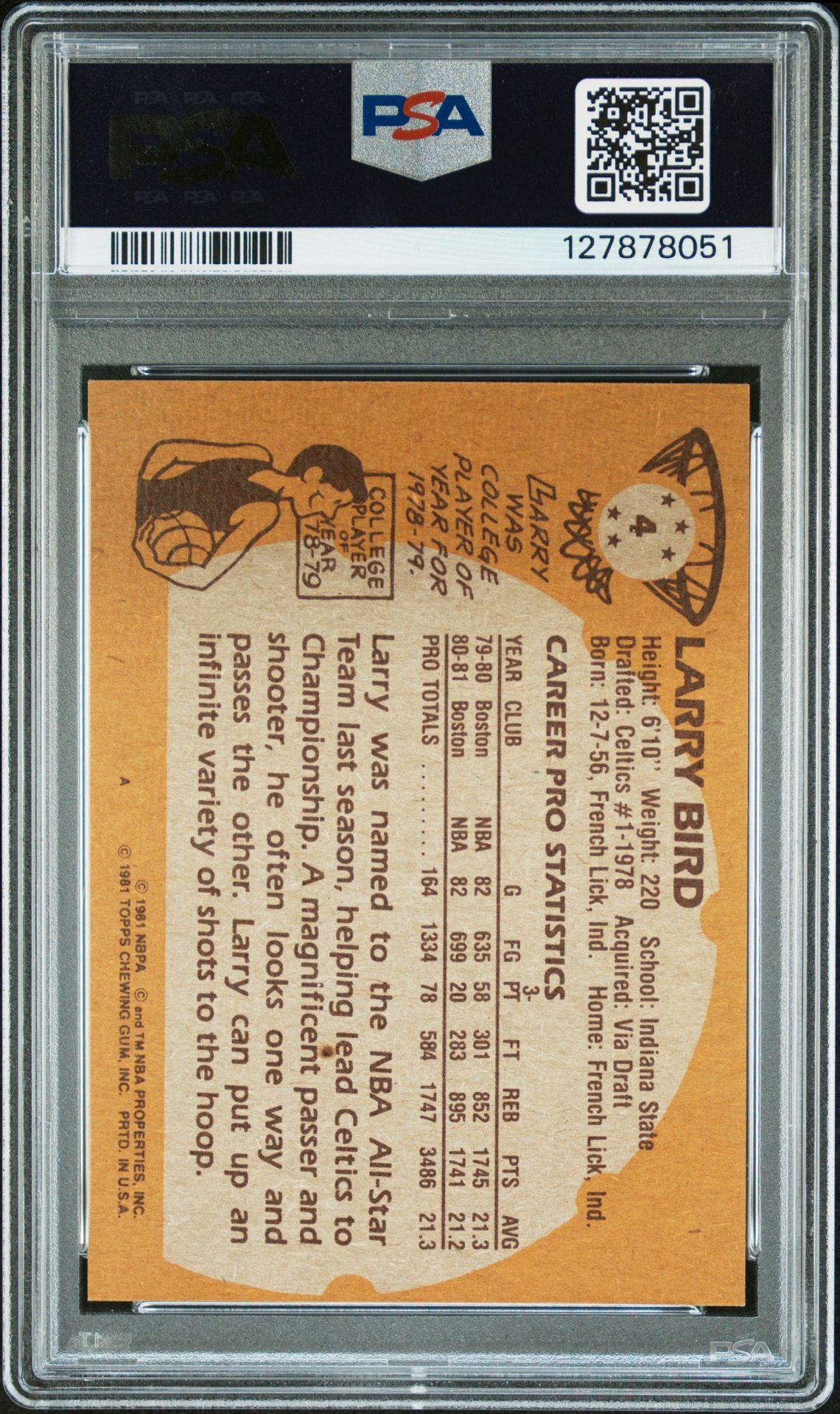 Larry Bird 1981 Topps Signed Basketball Card #4 Graded PSA 7 Auto 10 Cert #127878051-Powers Sports Memorabilia
