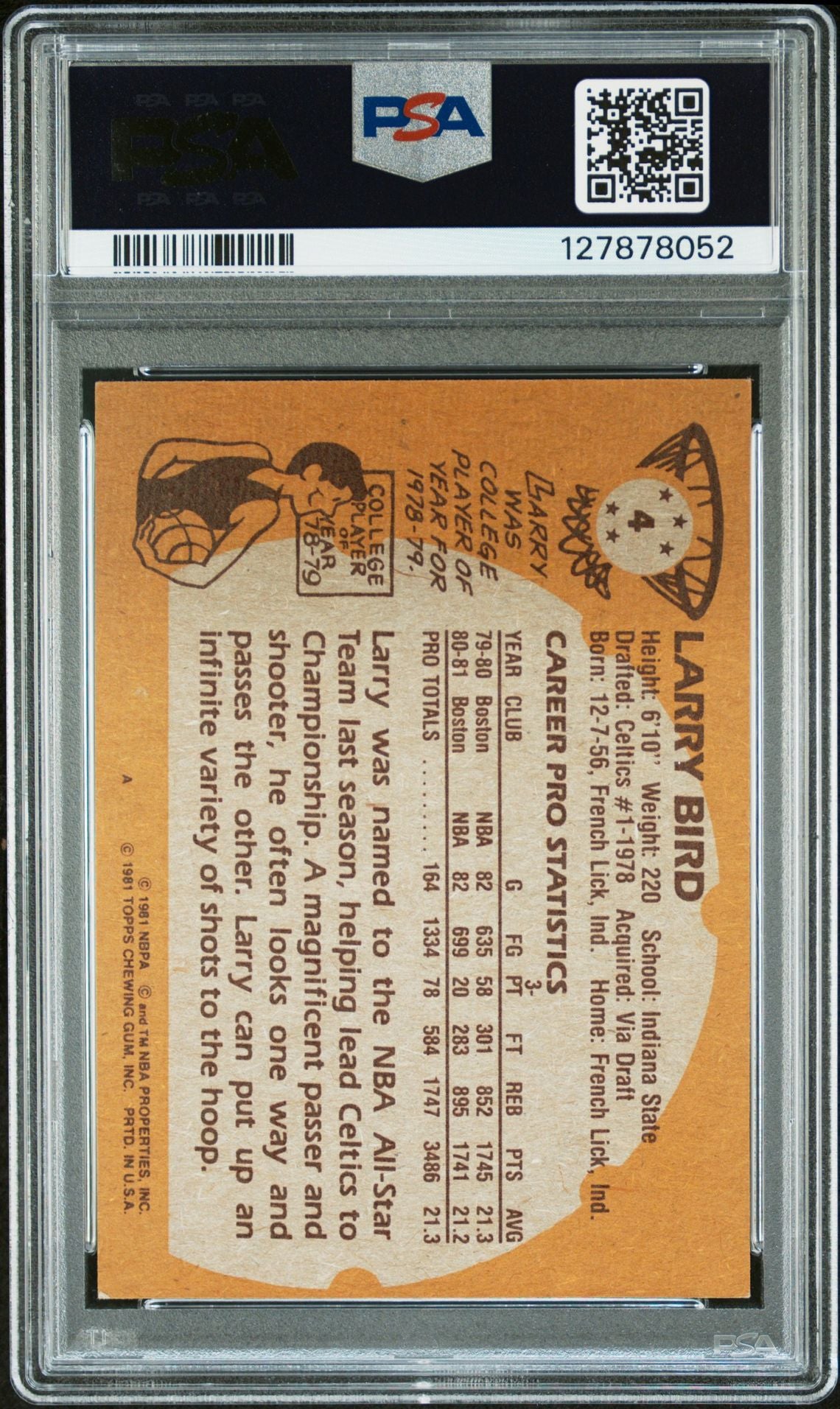 Larry Bird 1981 Topps Signed Basketball Card #4 Graded PSA 4 Auto 9 Cert #127878052-Powers Sports Memorabilia