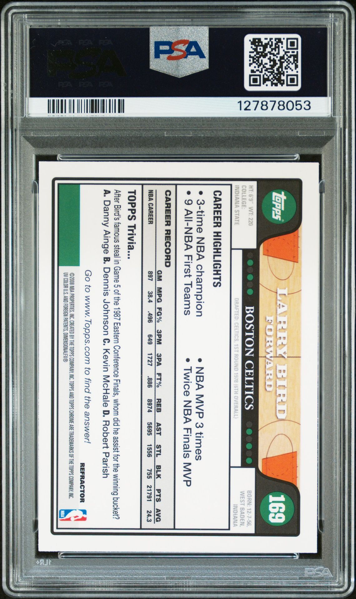 Larry Bird 2008 Topps Chrome Refractor Signed Basketball Card #169 Graded PSA 8 Auto 10 Cert #127878053-Powers Sports Memorabilia