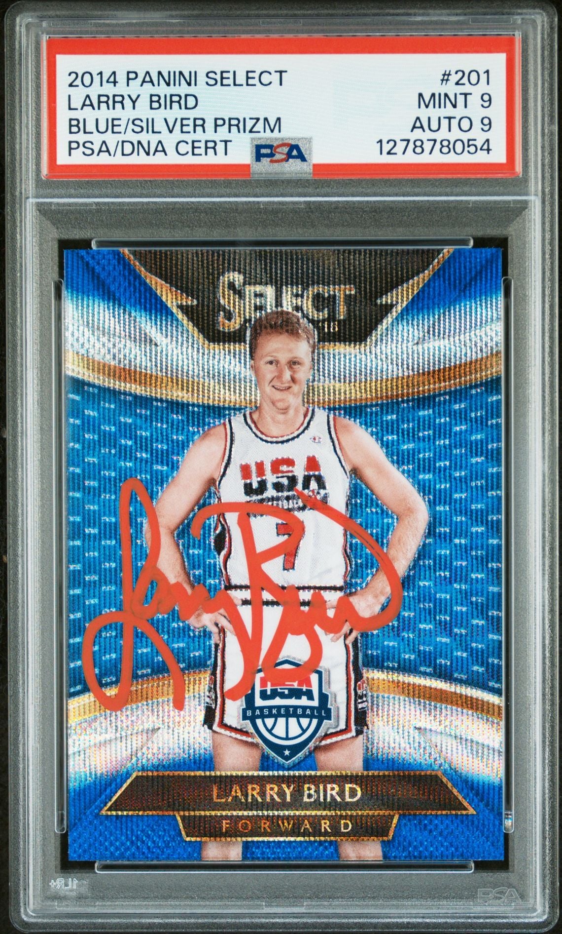 Larry Bird 2014 Panini Select Blue Silver Prizm Signed Basketball Card #201 Graded PSA 9 Auto 9 Cert #127878054-Powers Sports Memorabilia