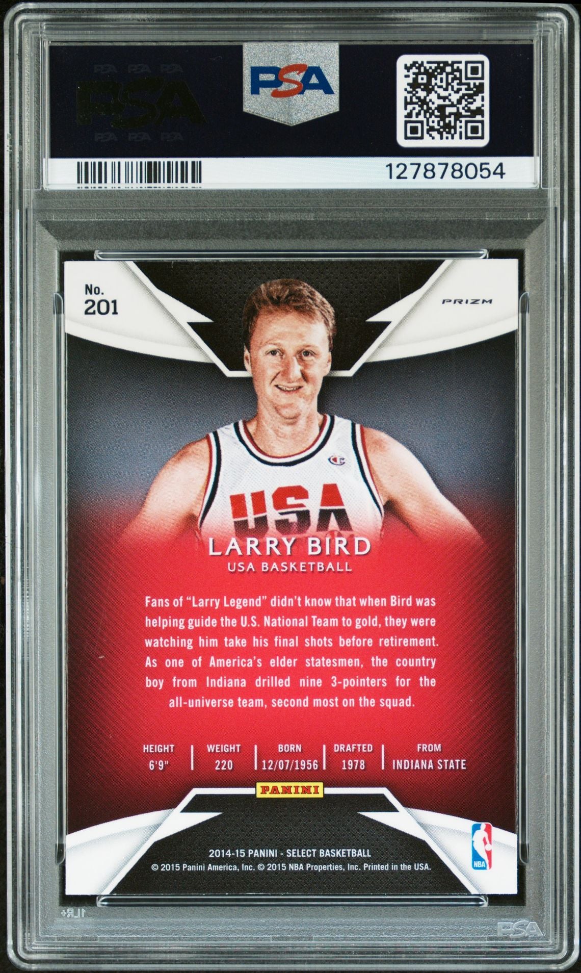 Larry Bird 2014 Panini Select Blue Silver Prizm Signed Basketball Card #201 Graded PSA 9 Auto 9 Cert #127878054-Powers Sports Memorabilia