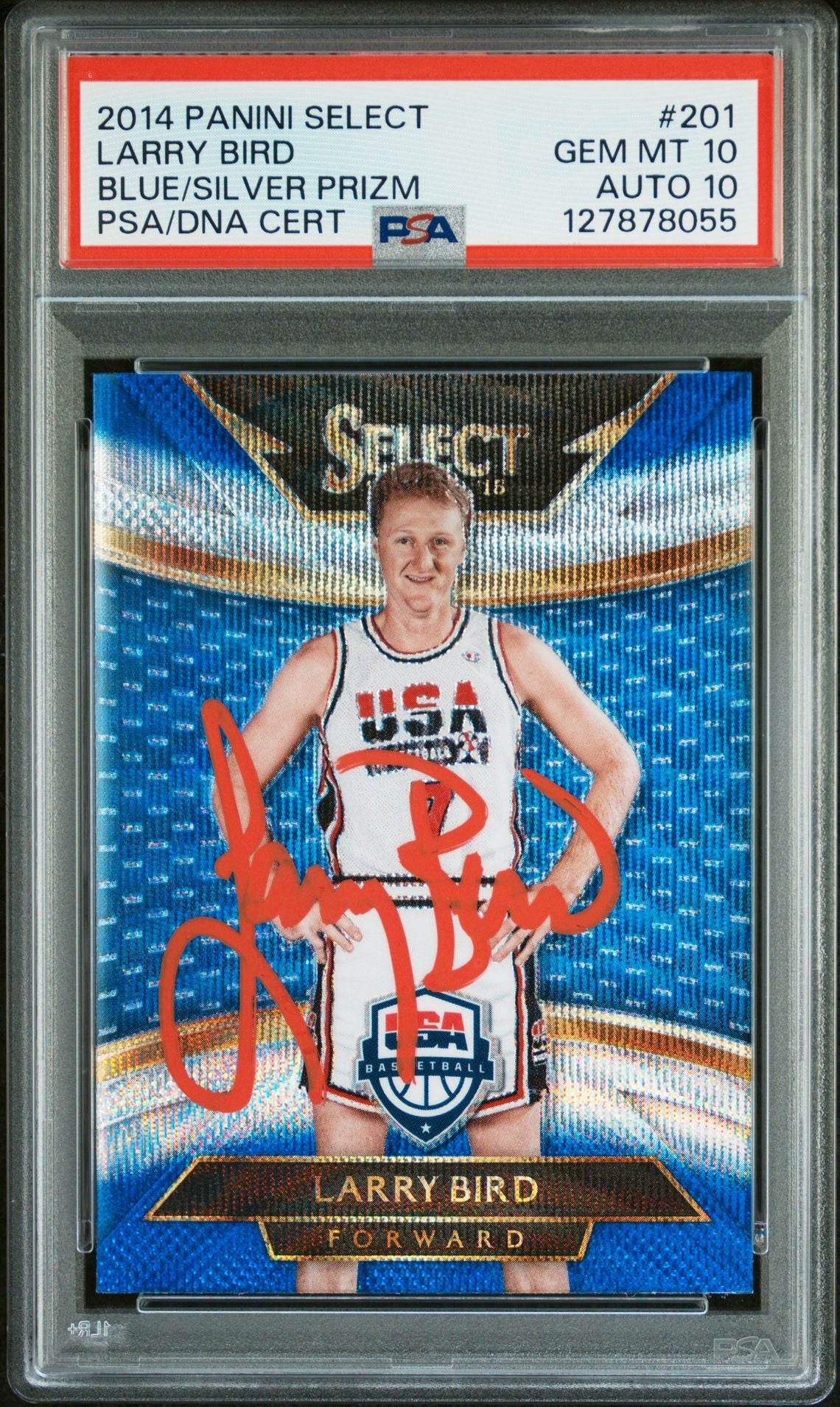 Larry Bird 2014 Panini Select Blue Silver Prizm Signed Basketball Card #201 Graded PSA 10 Auto 10 Cert #127878055-Powers Sports Memorabilia