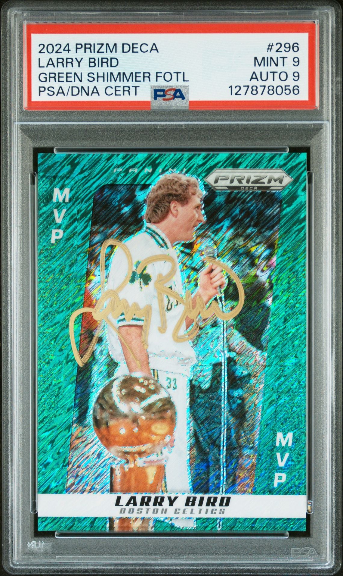 Larry Bird 2024 Prizm Deca Green Shimmer Foil Signed Basketball Card #296 Graded PSA 9 Auto 9 6/12 Cert #127878056-Powers Sports Memorabilia