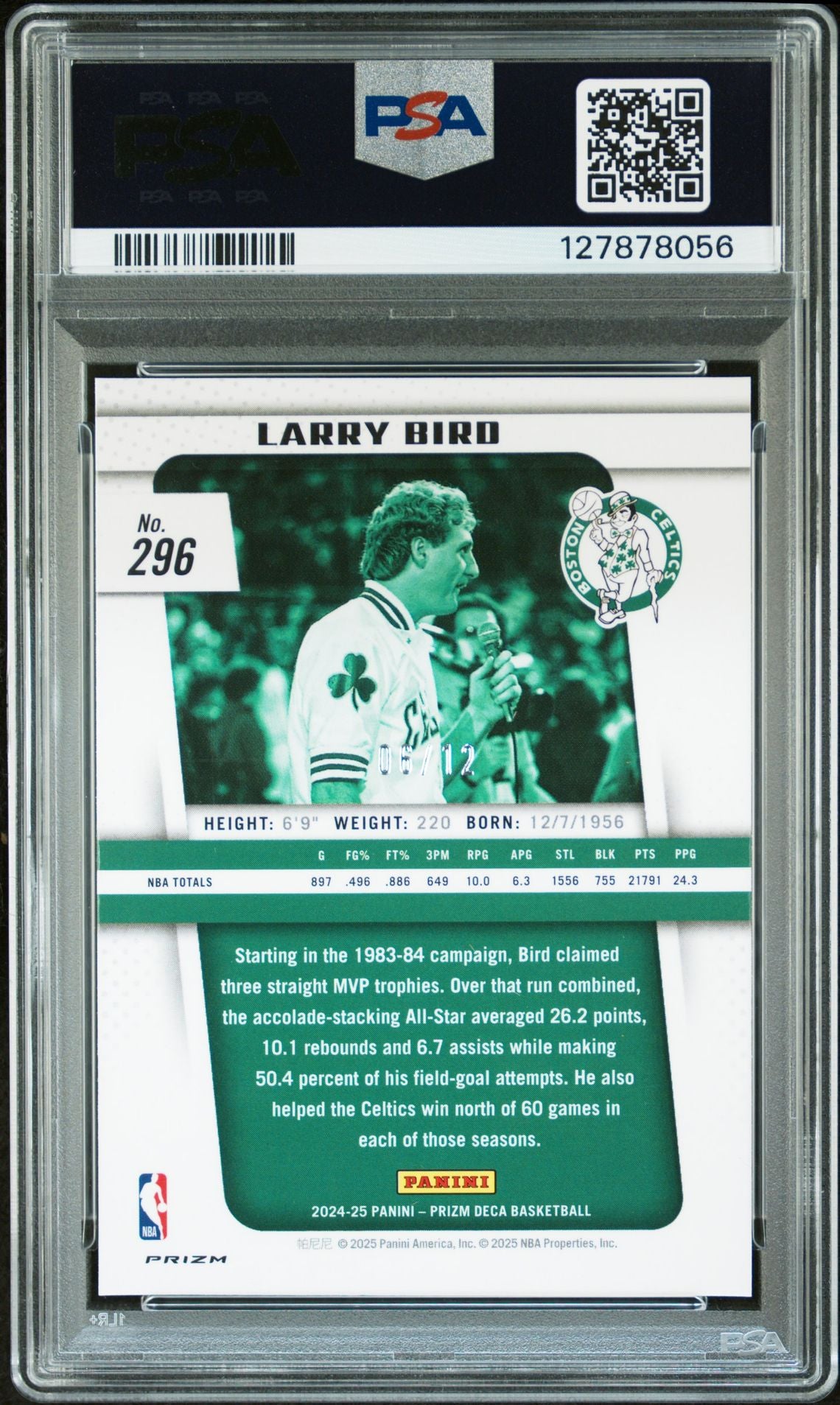 Larry Bird 2024 Prizm Deca Green Shimmer Foil Signed Basketball Card #296 Graded PSA 9 Auto 9 6/12 Cert #127878056-Powers Sports Memorabilia