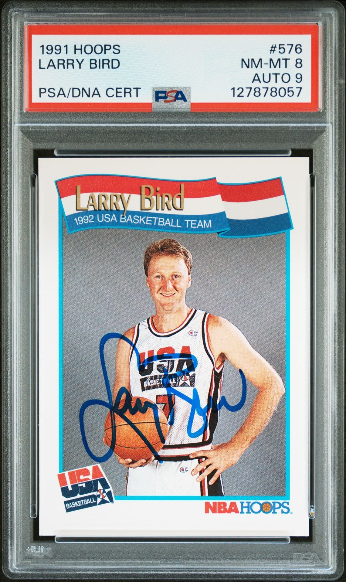 Larry Bird 1991 Hoops Signed Basketball Card #576 Graded PSA 8 Auto 9 Cert #127878057-Powers Sports Memorabilia