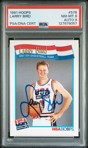 Larry Bird 1991 Hoops Signed Basketball Card #576 Graded PSA 8 Auto 9 Cert #127878057-Powers Sports Memorabilia