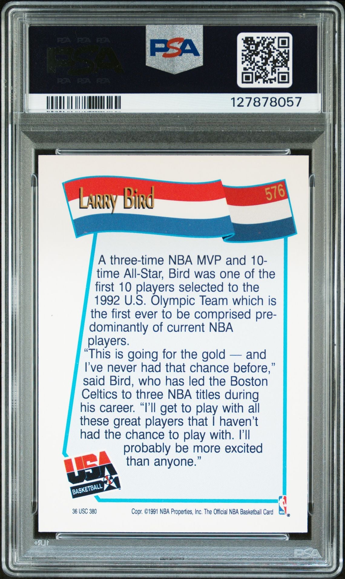 Larry Bird 1991 Hoops Signed Basketball Card #576 Graded PSA 8 Auto 9 Cert #127878057-Powers Sports Memorabilia