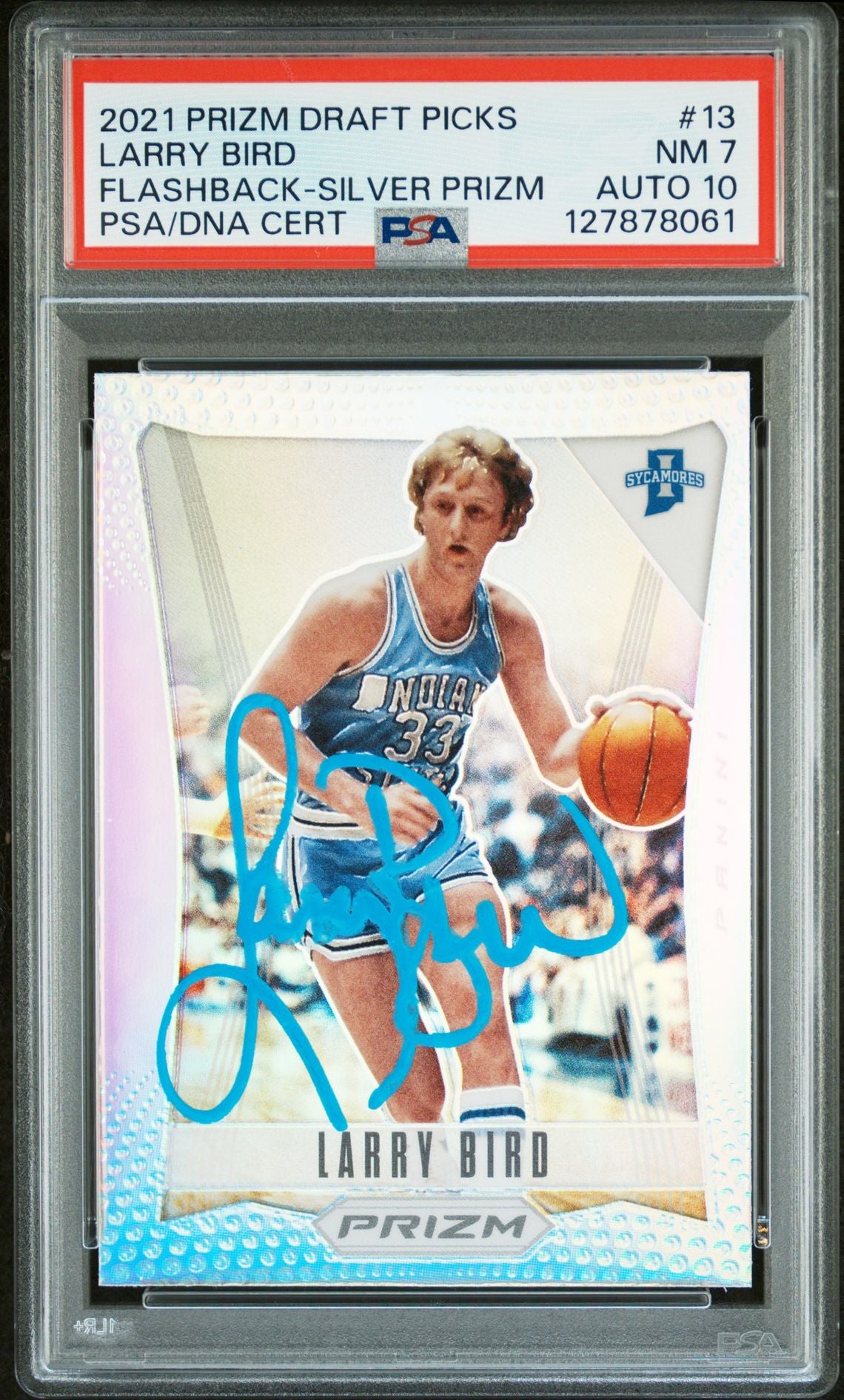 Larry Bird 2021 Prizm Draft Picks Flashback Silver Prizm Signed Basketball Card #13 Graded PSA 7 Auto 10 Cert #127878061-Powers Sports Memorabilia