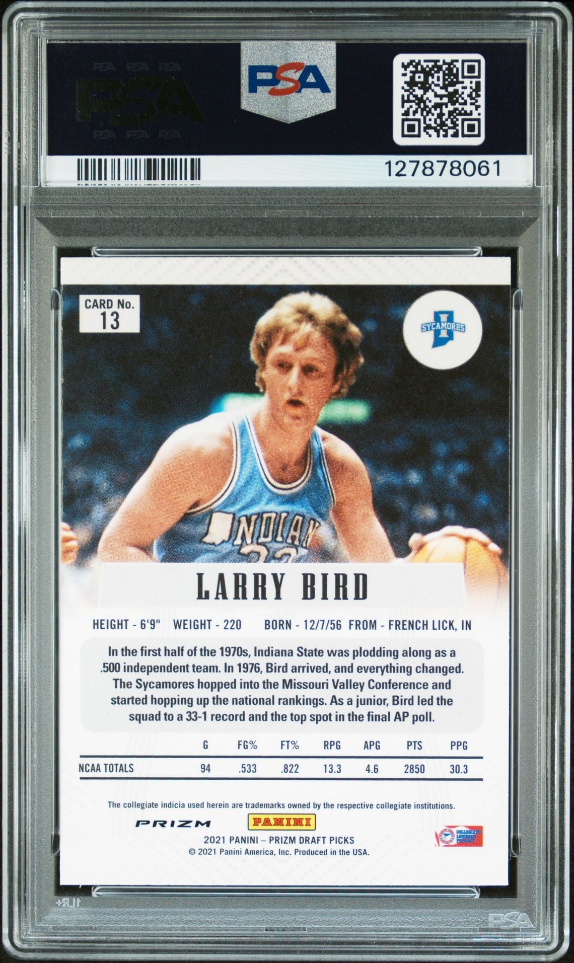 Larry Bird 2021 Prizm Draft Picks Flashback Silver Prizm Signed Basketball Card #13 Graded PSA 7 Auto 10 Cert #127878061-Powers Sports Memorabilia