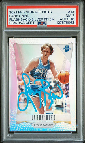 Larry Bird 2021 Prizm Draft Picks Flashback Silver Prizm Signed Basketball Card #13 Graded PSA 7 Auto 10 Cert #127878062-Powers Sports Memorabilia