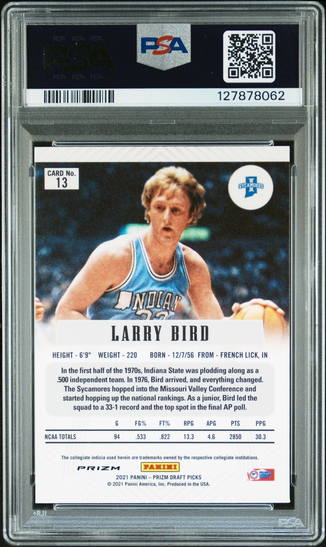 Larry Bird 2021 Prizm Draft Picks Flashback Silver Prizm Signed Basketball Card #13 Graded PSA 7 Auto 10 Cert #127878062-Powers Sports Memorabilia