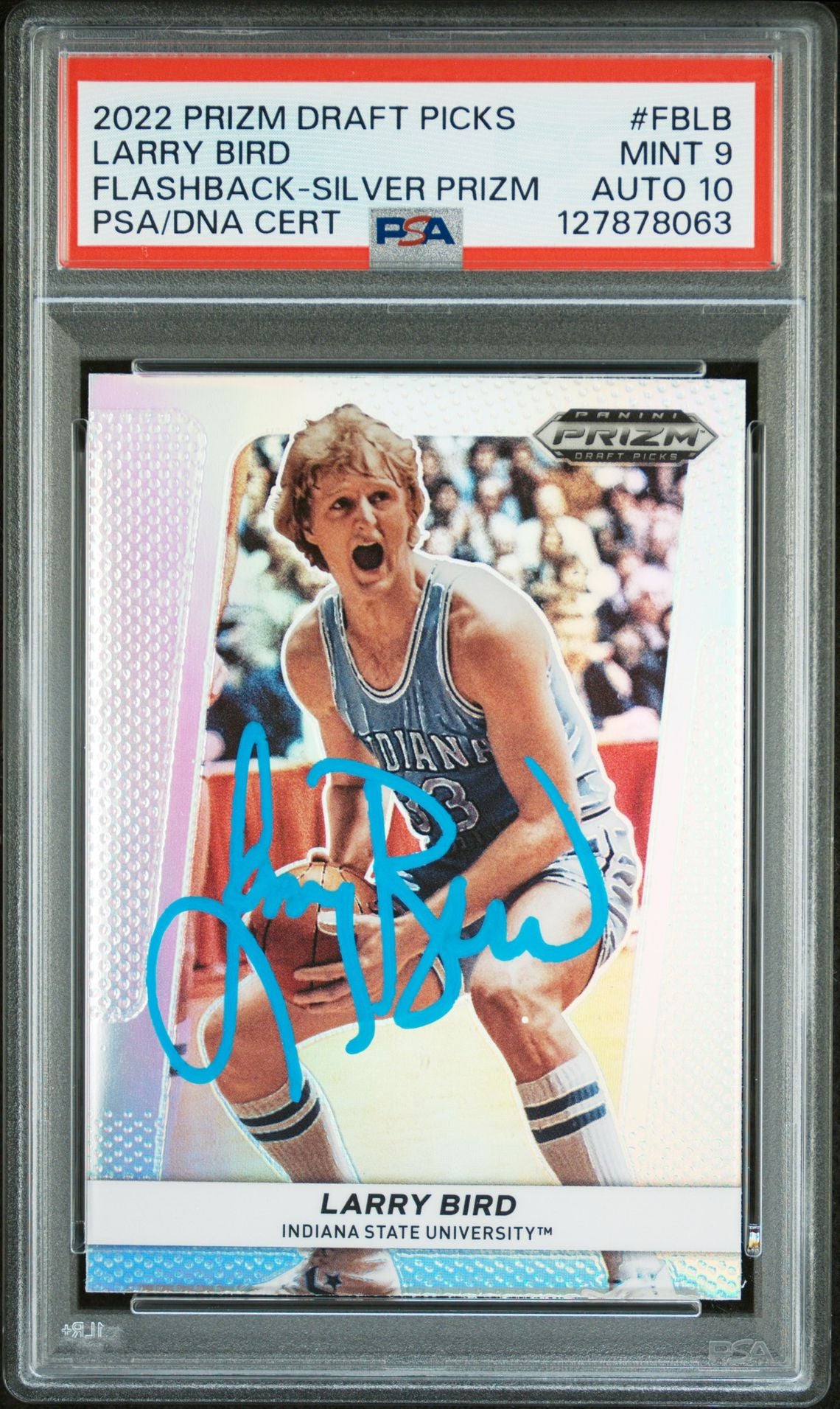 Larry Bird 2022 Prizm Draft Picks Flashback Silver Prizm Signed Basketball Card #FBLB Graded PSA 9 Auto 10 Cert #127878063-Powers Sports Memorabilia