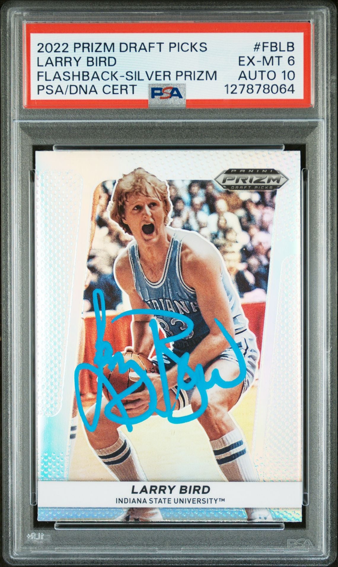 Larry Bird 2022 Prizm Draft Picks Flashback Silver Prizm Signed Basketball Card #FBLB Graded PSA 6 Auto 10 Cert #127878064-Powers Sports Memorabilia