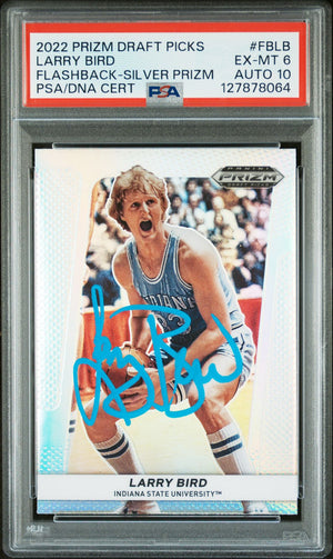 Larry Bird 2022 Prizm Draft Picks Flashback Silver Prizm Signed Basketball Card #FBLB Graded PSA 6 Auto 10 Cert #127878064-Powers Sports Memorabilia