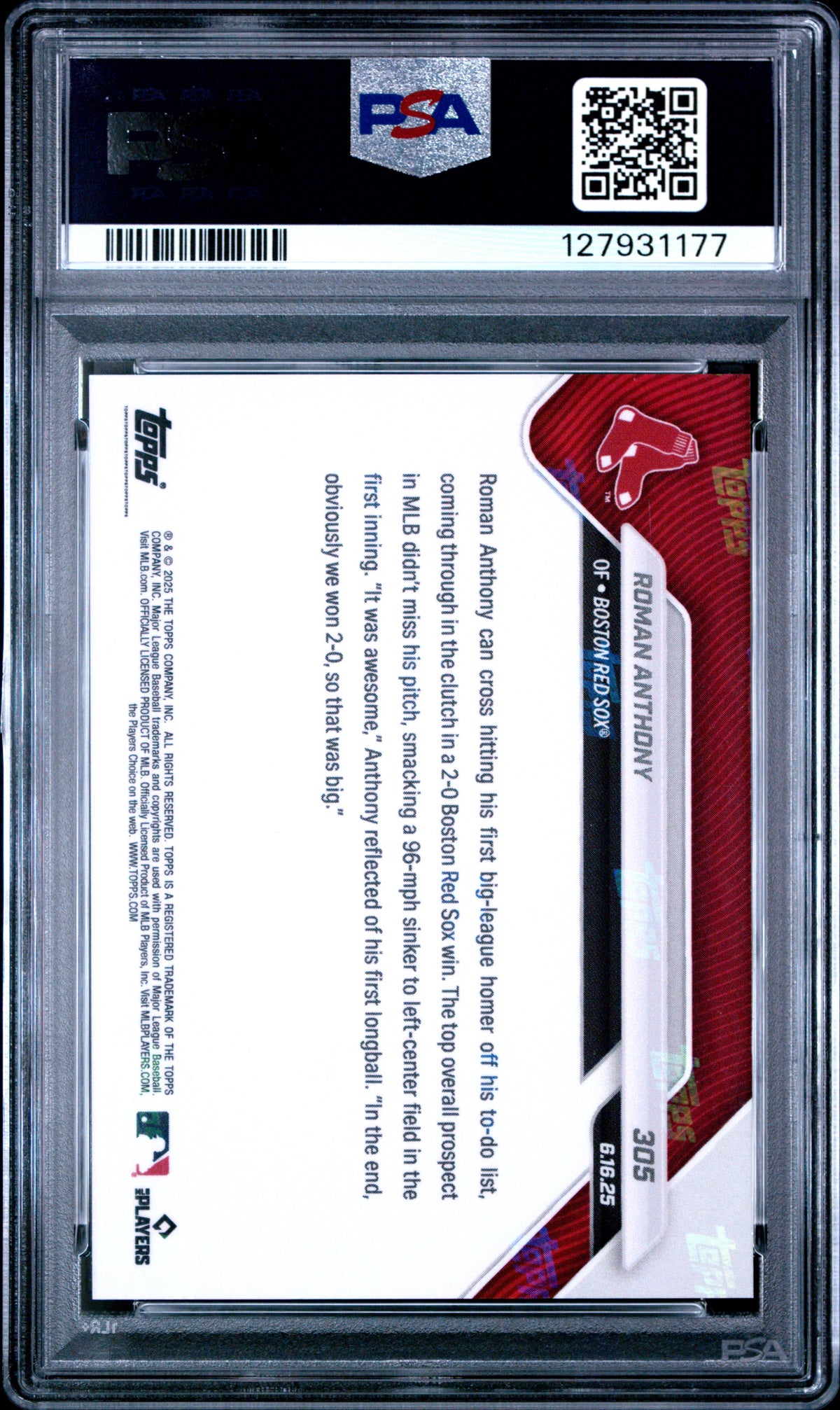 Roman Anthony 2025 Topps Now 1st Career Home Run Baseball Rookie Card #305 Graded PSA 10 Cert #127931177-Powers Sports Memorabilia