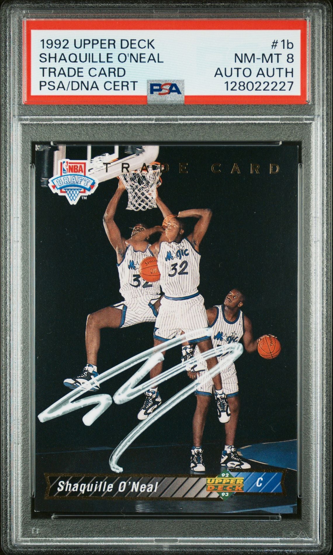 Shaquille O&#39;Neal 1992 Upper Deck Trade Signed Basketball Rookie Card #1B Graded PSA 8 Auto Cert #128022227-Powers Sports Memorabilia