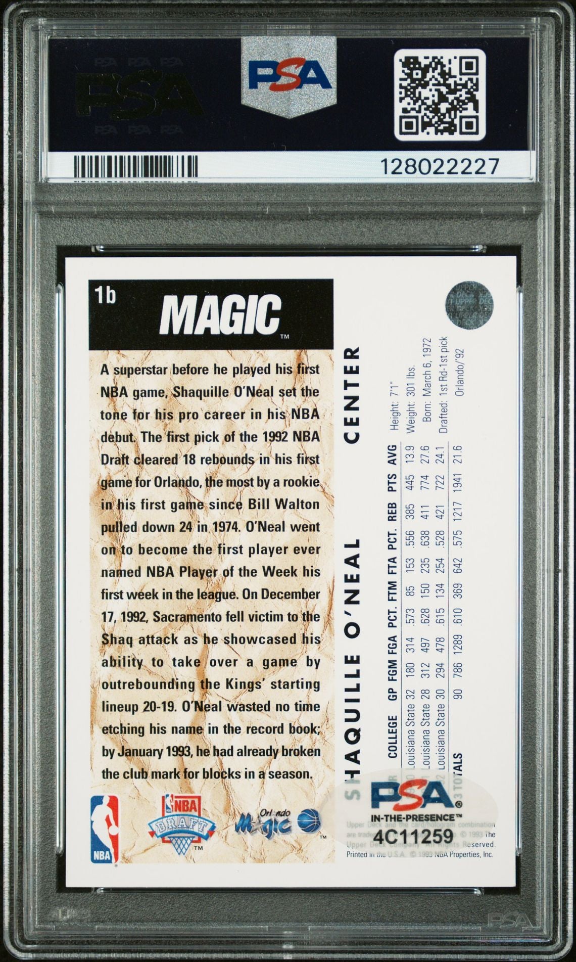 Shaquille O&#39;Neal 1992 Upper Deck Trade Signed Basketball Rookie Card #1B Graded PSA 8 Auto Cert #128022227-Powers Sports Memorabilia