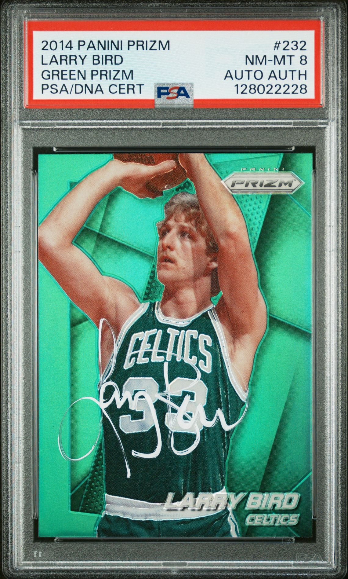 Larry Bird 2014 Panini Prizm Green Prizm Signed Basketball Card #232 Graded PSA 8 Auto Cert #128022228-Powers Sports Memorabilia