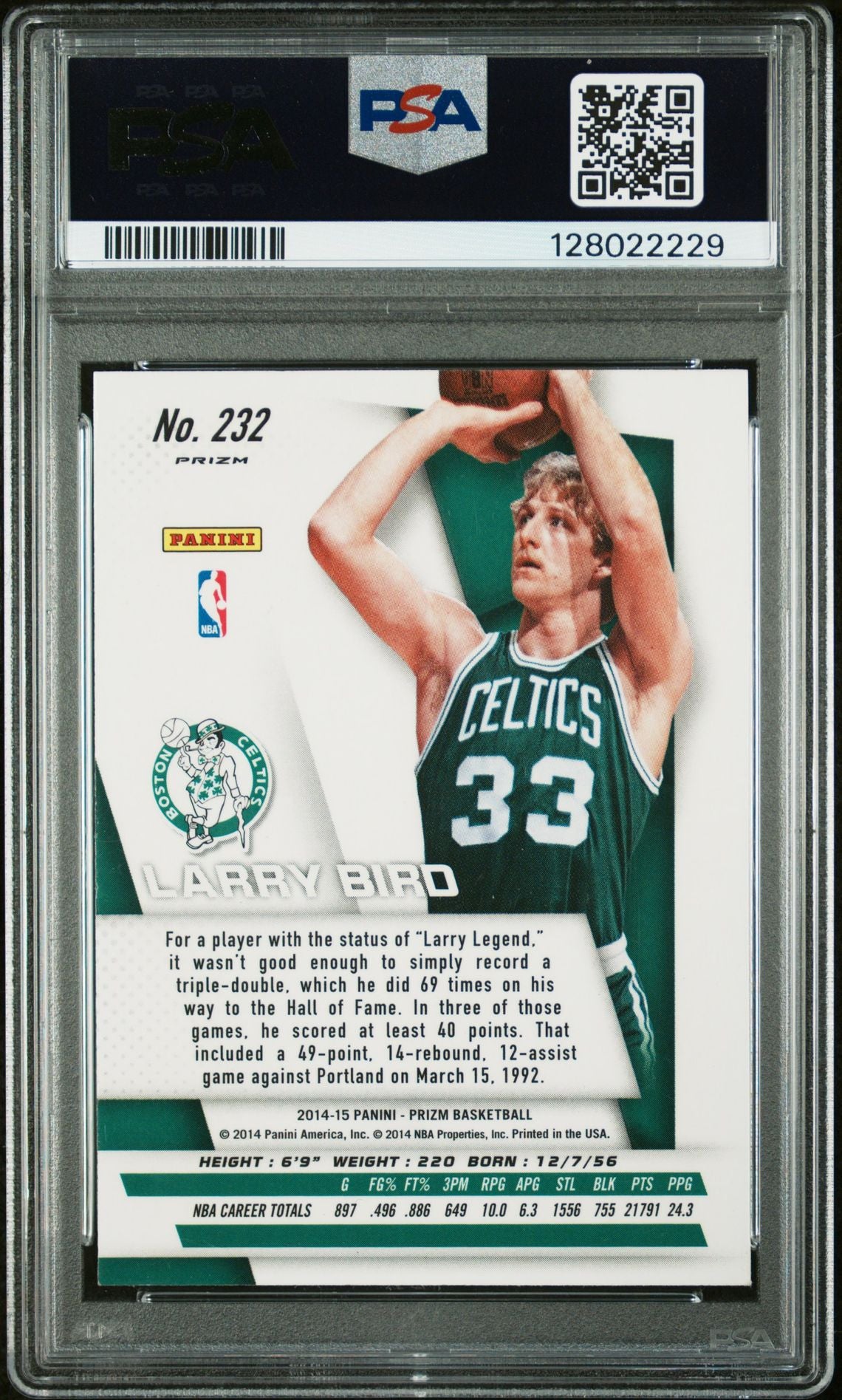Larry Bird 2014 Panini Prizm Green Prizm Signed Basketball Card #232 Graded PSA 6 Auto Cert #128022229-Powers Sports Memorabilia