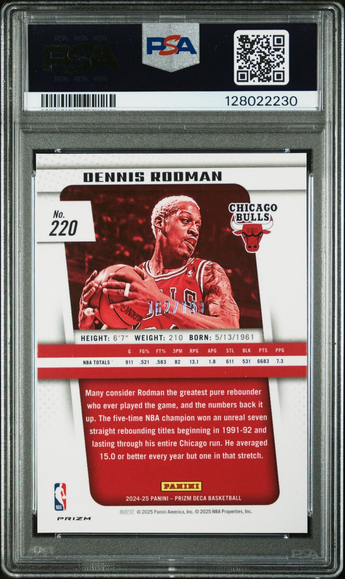 Dennis Rodman 2024 Prizm Deca Red Prizm Signed Basketball Card #220 Graded PSA 9 Auto 162/199 Cert #128022230-Powers Sports Memorabilia