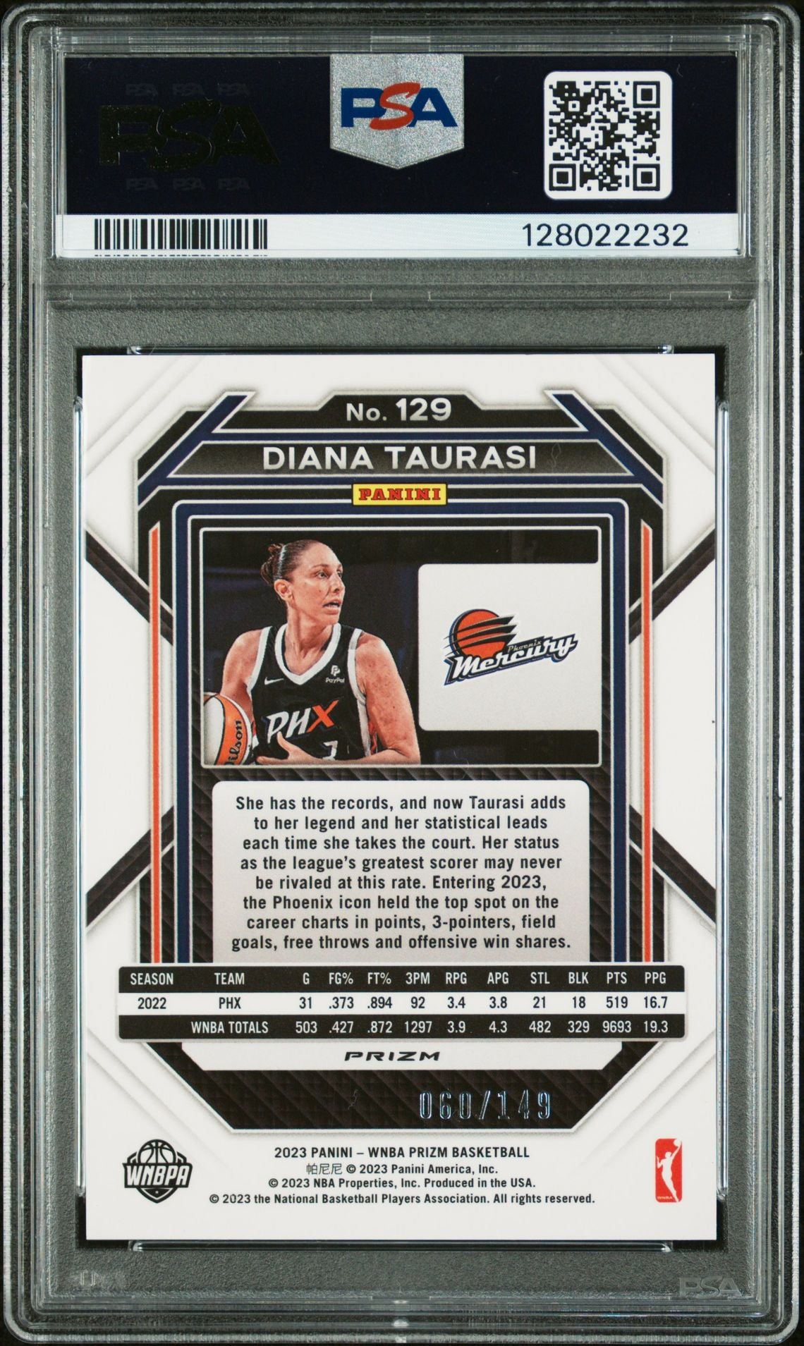 Diana Taurasi 2023 Prizm WNBA Purple Prizm Signed Basketball Card #129 Graded PSA 5 60/149 Auto Cert #128022232-Powers Sports Memorabilia