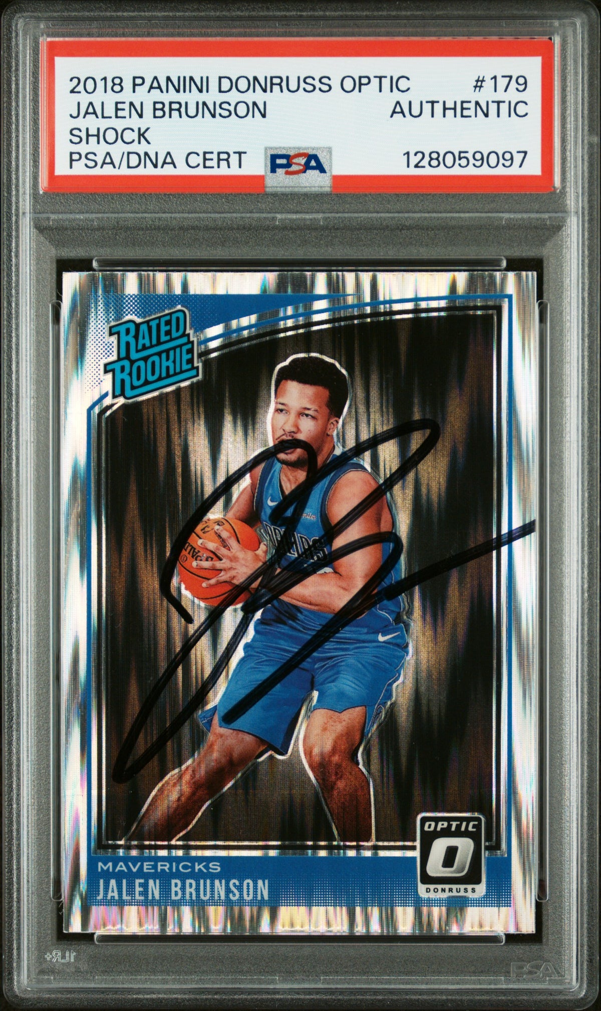 Jalen Brunson 2018 Panini Donruss Optic Shock Dallas Mavericks Signed Basketball Rated Rookie RC Card #179 PSA Authentic Auto Cert #128059097