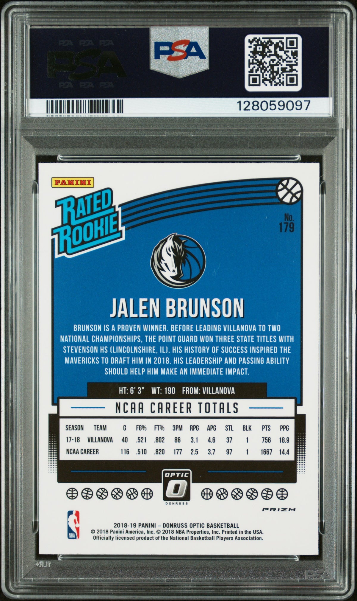 Jalen Brunson 2018 Panini Donruss Optic Shock Dallas Mavericks Signed Basketball Rated Rookie RC Card #179 PSA Authentic Auto Cert #128059097
