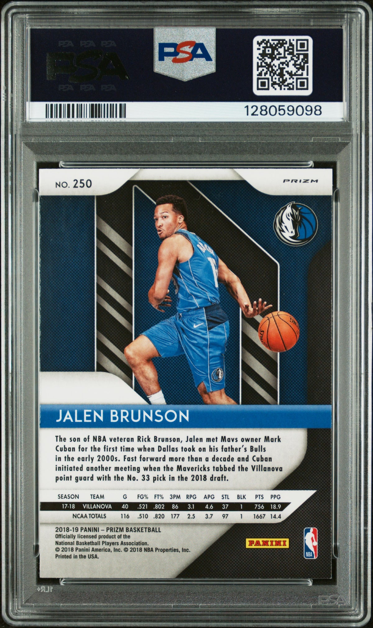 Jalen Brunson 2018 Panini Prizm Red White Blue Basketball RC Rookie Card #250 Auto PSA Authentic Cert #128059098-Powers Sports Memorabilia