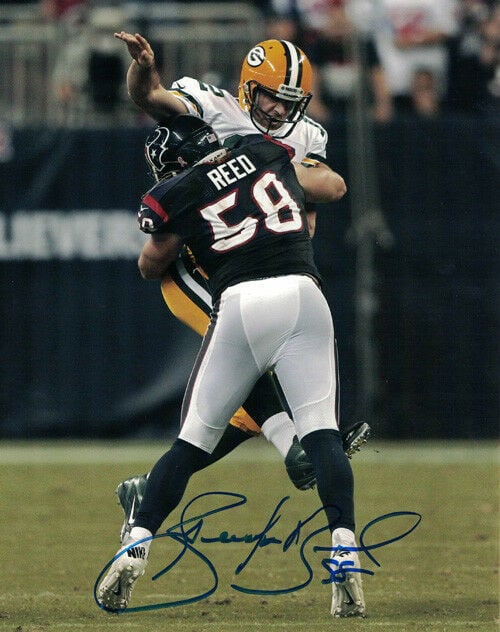 Brooks Reed Signed Houston Texans 8x10 Photo (hitting Rodgers)-Powers Sports Memorabilia