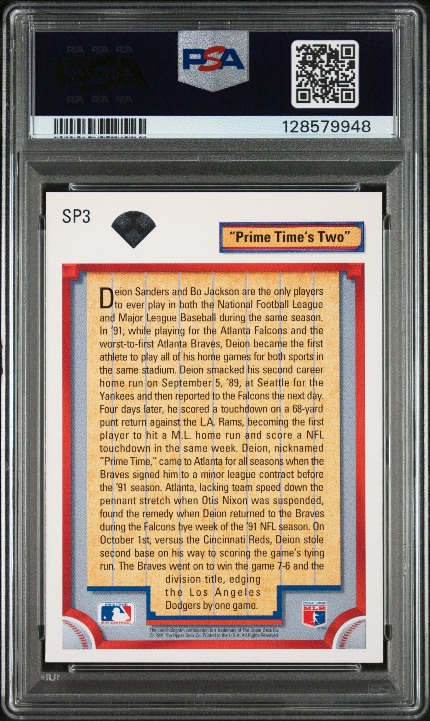 Deion Sanders 1992 Upper Deck Prime Times Two Baseball Card #SP3 Graded PSA 7 Cert #128579948-Powers Sports Memorabilia