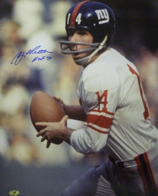 Y.A. Tittle Autographed New York Giants Color Passing Vertical 16x20 Photo HOF 71-Powers Sports Memorabilia