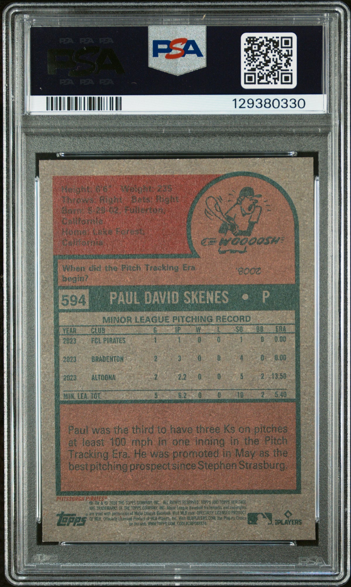 Paul Skenes 2024 Topps Heritage Pittsburgh Pirates Baseball Rookie Card #594 Graded PSA 10 Cert #129380330-Powers Sports Memorabilia