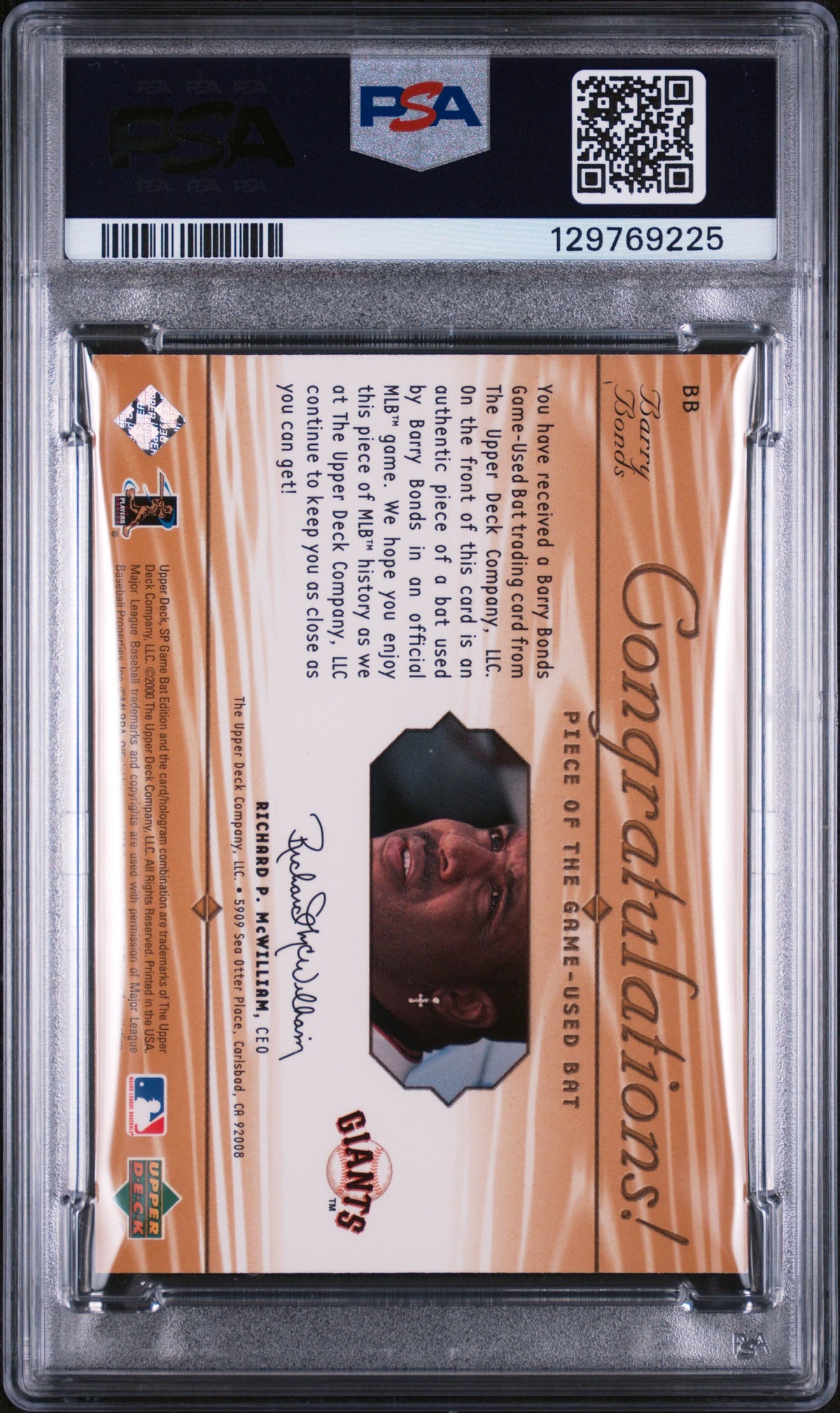 Barry Bonds 2001 SP Game Bat Piece Of The Game Game-Used Bat San Francisco Giants Baseball Card #BB Graded PSA 7 Cert #129769225-Powers Sports Memorabilia