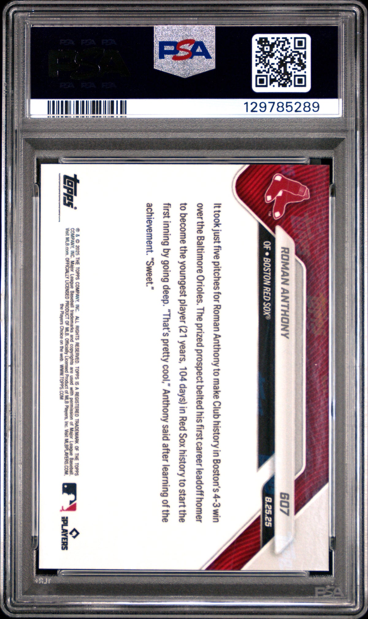 Roman Anthony 2025 Topps Now Baseball Rookie Card #607 Graded PSA 10 Cert #129785289-Powers Sports Memorabilia