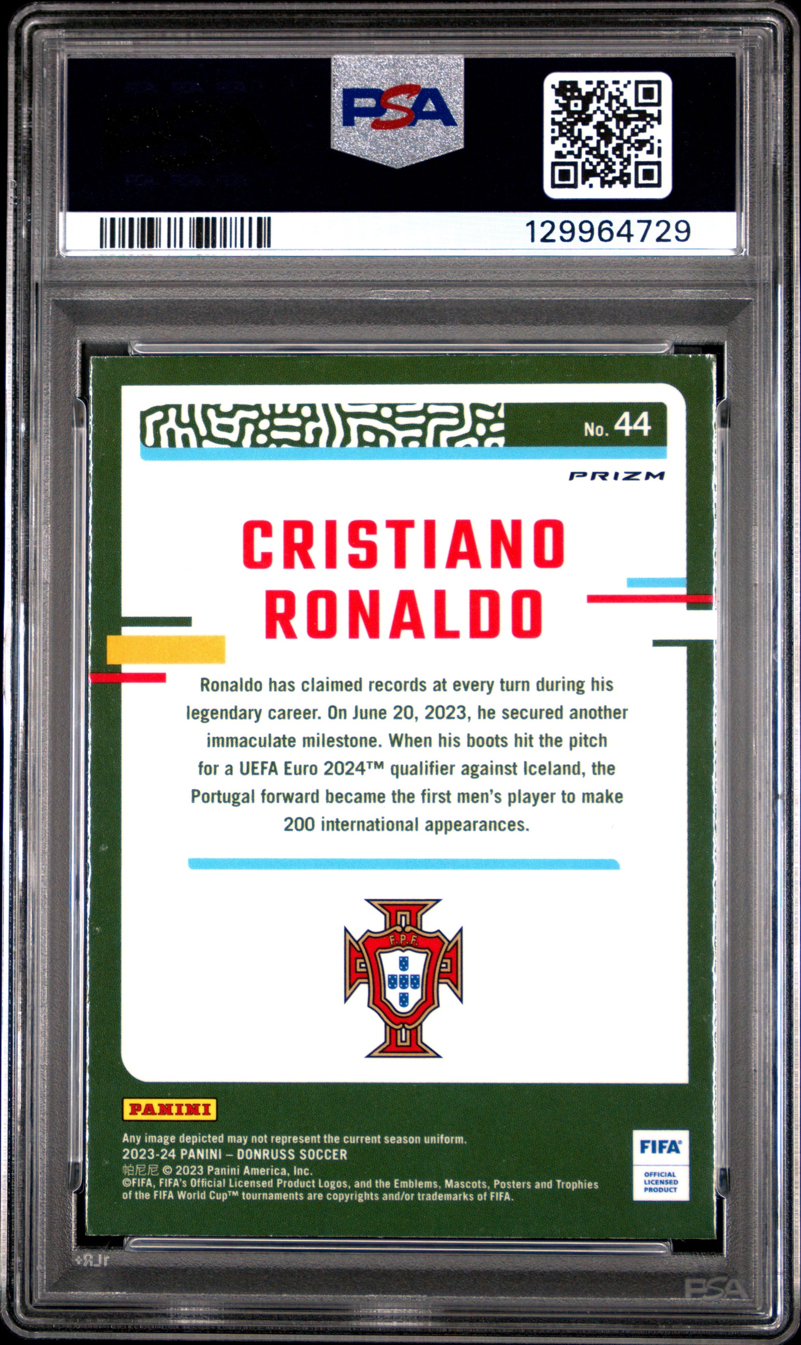 Cristiano Ronaldo 2023-24 Donruss FIFA Optic Argyle Soccer Card #44 Graded PSA 10 Cert #129964729-Powers Sports Memorabilia