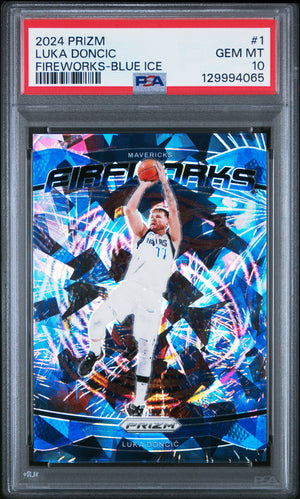 Luka Doncic 2024 Panini Prizm Fireworks Blue Ice Basketball Card #1 Graded PSA 10 Cert #129994065 /125-Powers Sports Memorabilia