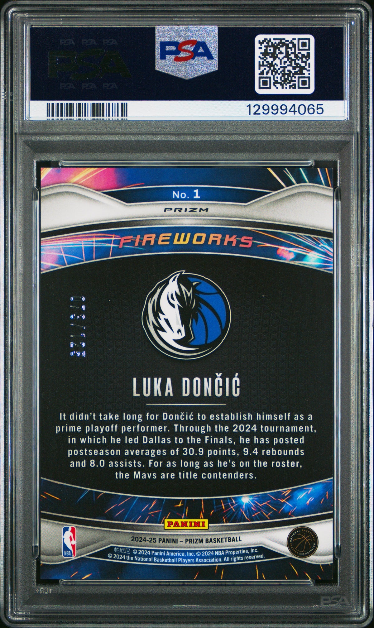 Luka Doncic 2024 Panini Prizm Fireworks Blue Ice Basketball Card #1 Graded PSA 10 Cert #129994065 /125-Powers Sports Memorabilia