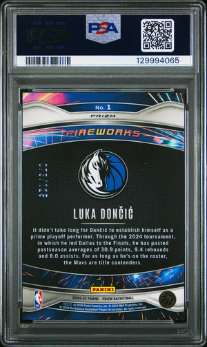 Luka Doncic 2024 Panini Prizm Fireworks Blue Ice Basketball Card #1 Graded PSA 10 Cert #129994065 /125-Powers Sports Memorabilia
