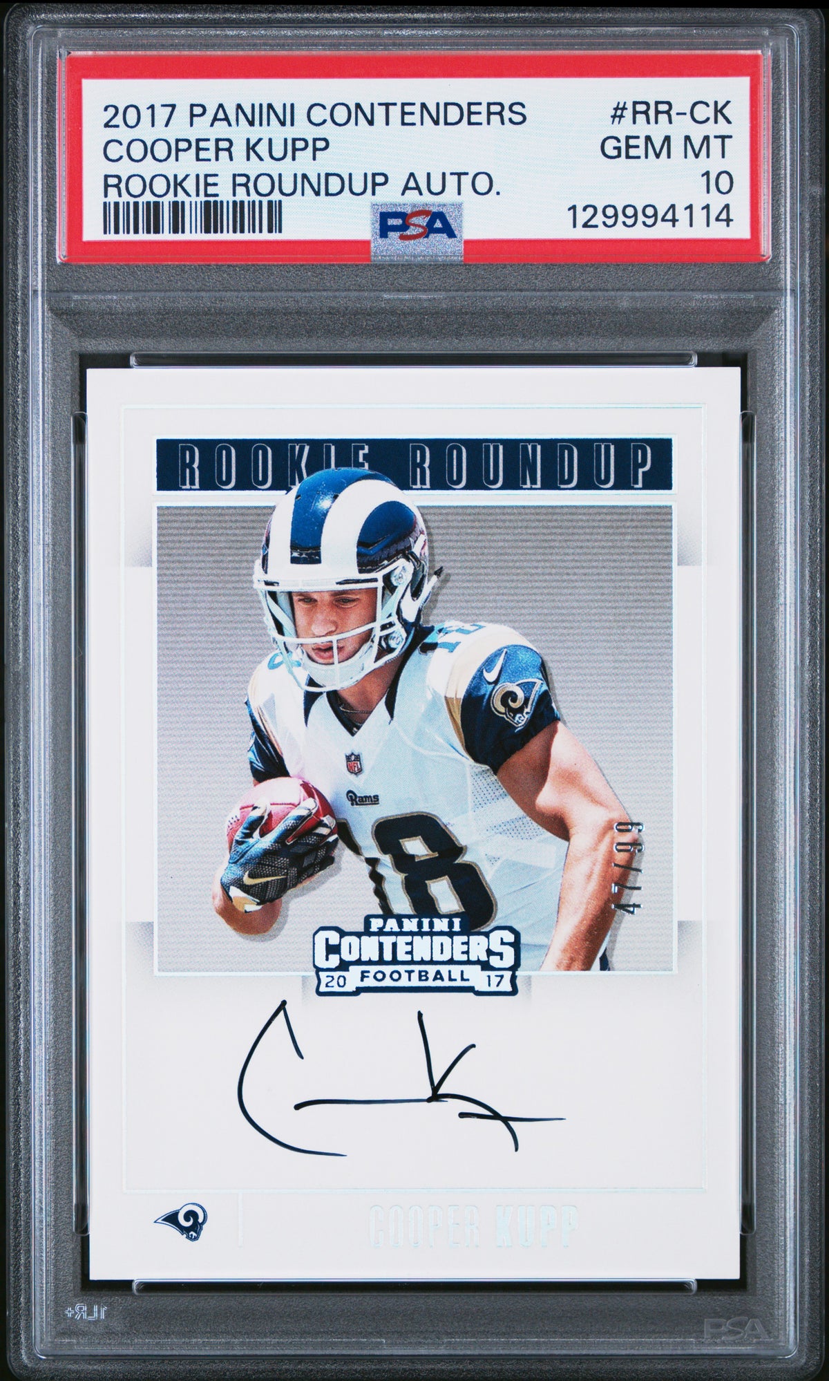 Cooper Kupp 2017 Panini Contenders Rookie Roundup Auto Football Signed Rookie Card #RR-CK Graded PSA 10 Cert #129994114 /99-Powers Sports Memorabilia