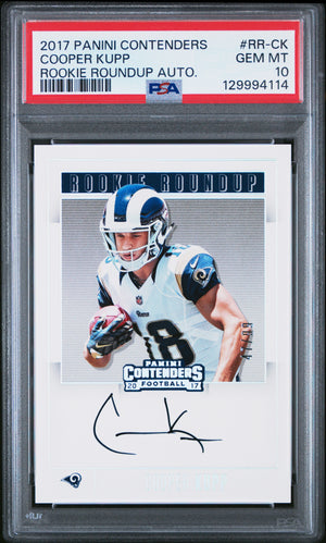 Cooper Kupp 2017 Panini Contenders Rookie Roundup Auto Football Signed Rookie Card #RR-CK Graded PSA 10 Cert #129994114 /99-Powers Sports Memorabilia