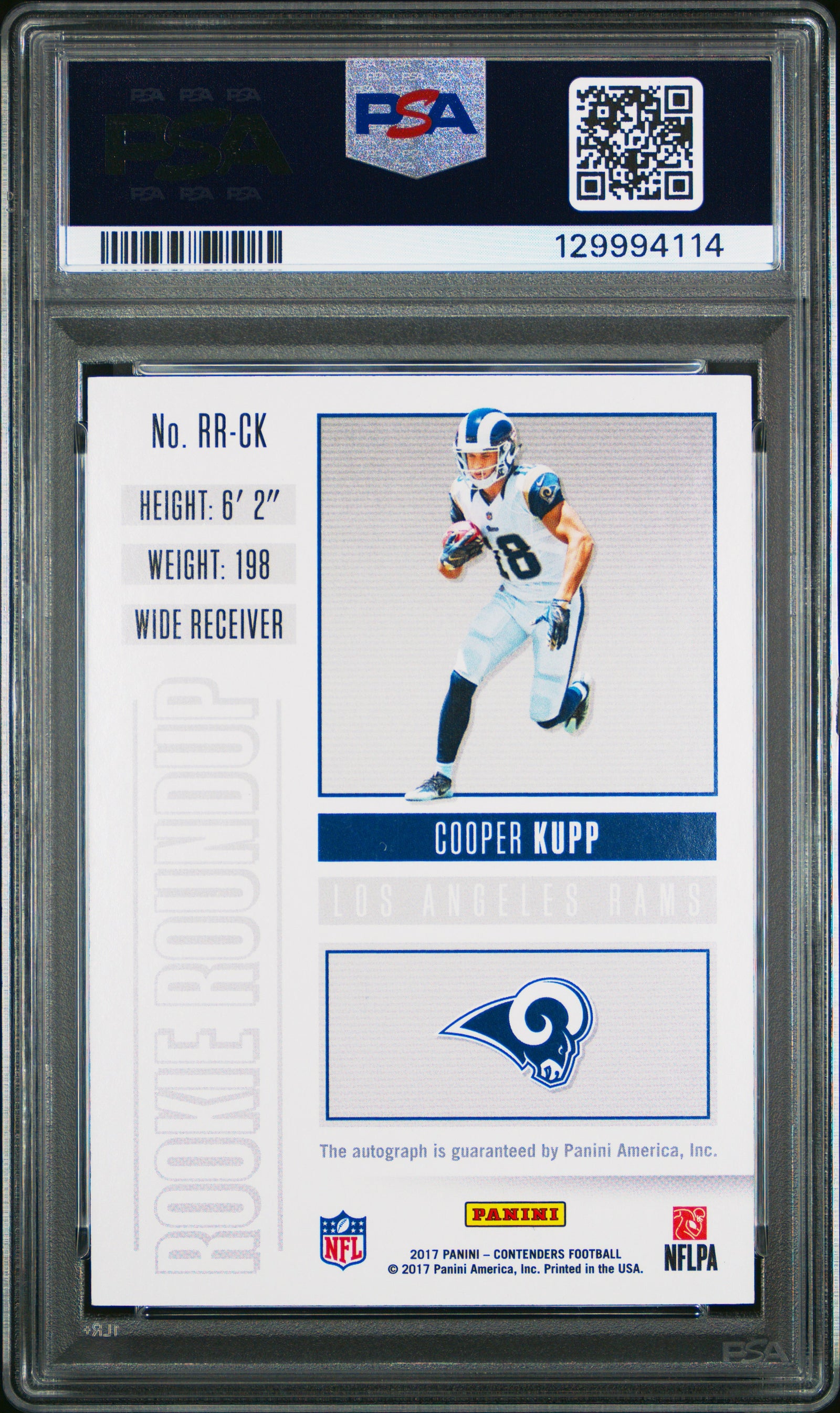 Cooper Kupp 2017 Panini Contenders Rookie Roundup Auto Football Signed Rookie Card #RR-CK Graded PSA 10 Cert #129994114 /99-Powers Sports Memorabilia