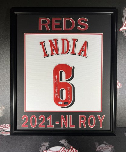 Jonathan India Signed Framed White Custom Jersey w/ 2021 NL ROY PSA COA Reds-Powers Sports Memorabilia