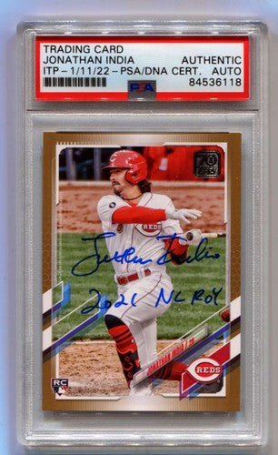 Jonathan India 2021 Topps Update Gold RC #/2021 NL ROY Insc. Signed Auto PSA ITP-Powers Sports Memorabilia