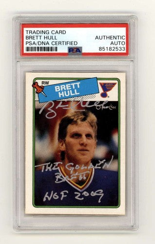 Brett Hull 1988-89 O-Pee-Chee OPC #66 RC w/ HOF + Golden Insc Signed PSA Auto-Powers Sports Memorabilia