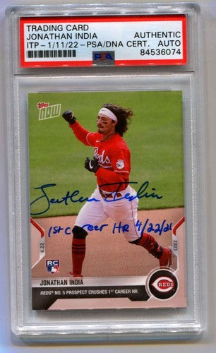 Jonathan India 2021 Topps Now RC 1st Career HR Insc. Signed Auto PSA DNA ITP-Powers Sports Memorabilia